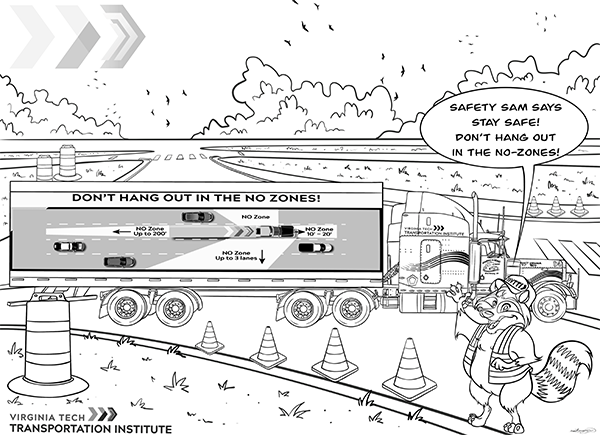 Coloring page with a truck parked on a road and a squirrel saying to stay safe and not hang out in the no-zones