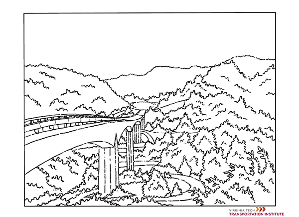 Coloring page of a bridge surrounded by trees and mountains